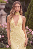 Halter Sage Mermaid Floral Wedding Guest Dress with Scarf