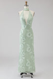 Halter Sage Mermaid Floral Wedding Guest Dress with Scarf