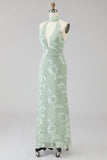 Halter Sage Mermaid Floral Wedding Guest Dress with Scarf