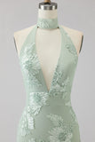 Halter Sage Mermaid Floral Wedding Guest Dress with Scarf