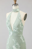 Halter Sage Mermaid Floral Wedding Guest Dress with Scarf