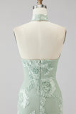 Halter Sage Mermaid Floral Wedding Guest Dress with Scarf