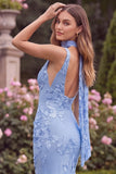Lilac Floral Square Neck Mermaid Wedding Guest Dress with Scarf