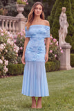 Off the Shoulder Baby Blue Mermaid Floral Wedding Guest Dress