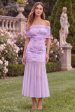 Off the Shoulder Baby Blue Mermaid Floral Wedding Guest Dress