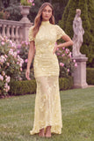 Sage High Neck Mermaid Floral Wedding Guest Dress with Short Sleeves