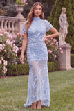 Sage High Neck Mermaid Floral Wedding Guest Dress with Short Sleeves