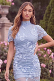 Sage High Neck Mermaid Floral Wedding Guest Dress with Short Sleeves
