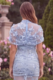 Sage High Neck Mermaid Floral Wedding Guest Dress with Short Sleeves