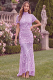 Sage High Neck Mermaid Floral Wedding Guest Dress with Short Sleeves