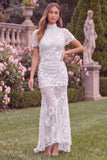 Sage High Neck Mermaid Floral Wedding Guest Dress with Short Sleeves