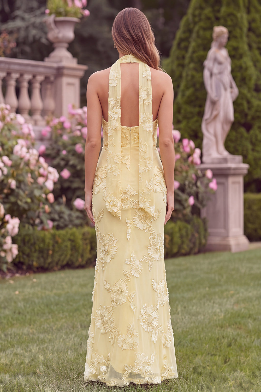 Wedtrend Women Daffodil Wedding Guest Dress with Scarf Mermaid Floral Halter Long Party Dress, Daffodil / US4