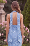 Floral Halter Daffodil Mermaid Wedding Guest Dress with Scarf