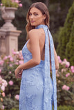 Mermaid Halter Blue Floral Wedding Guest Dress with Scarf