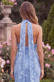 Mermaid Halter Blue Floral Wedding Guest Dress with Scarf