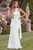 Mermaid Halter Blue Floral Wedding Guest Dress with Scarf