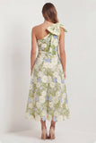 One Shoulder Sage Floral Wedding Guest Dress with Bow