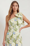 One Shoulder Sage Floral Wedding Guest Dress with Bow