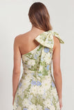 One Shoulder Sage Floral Wedding Guest Dress with Bow