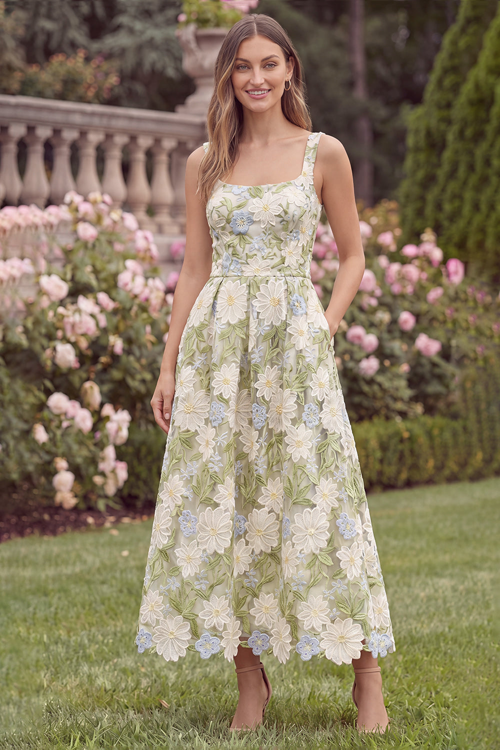 Wedtrend Women Sage Floral Wedding Guest Dress Square Neck A Line Garden Party Dress, Sage / US2