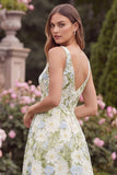 Floral V-Neck A Line Sage Wedding Guest Dress