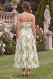 Strapless A Line Floral Sage Midi Wedding Guest Dress