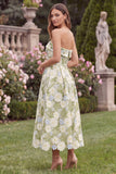 Strapless A Line Floral Sage Midi Wedding Guest Dress