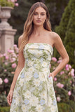 Strapless A Line Floral Sage Midi Wedding Guest Dress