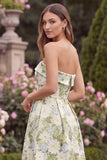 Strapless A Line Floral Sage Midi Wedding Guest Dress