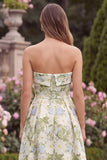Strapless A Line Floral Sage Midi Wedding Guest Dress