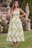 Strapless A Line Floral Sage Midi Wedding Guest Dress