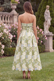 Strapless A Line Floral Sage Midi Wedding Guest Dress