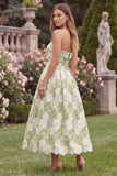 Strapless A Line Floral Sage Midi Wedding Guest Dress