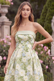 Strapless A Line Floral Sage Midi Wedding Guest Dress