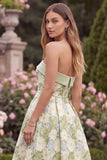 Strapless A Line Floral Sage Midi Wedding Guest Dress