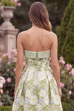 Strapless A Line Floral Sage Midi Wedding Guest Dress