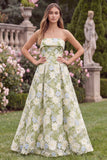 Sage Floral Strapless A Line Long Wedding Guest Dress
