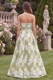 Sage Floral Strapless A Line Long Wedding Guest Dress
