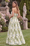 Sage Floral Strapless A Line Long Wedding Guest Dress