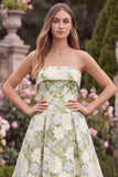 Sage Floral Strapless A Line Long Wedding Guest Dress