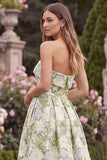Sage Floral Strapless A Line Long Wedding Guest Dress