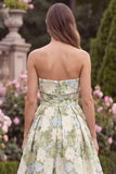 Sage Floral Strapless A Line Long Wedding Guest Dress
