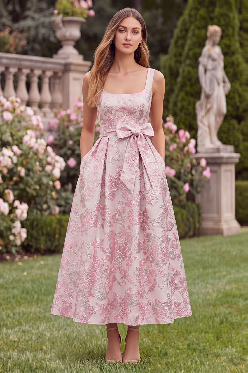 Wedtrend Women Pink Floral Wedding Guest Dress A Line Jacquard Bow Midi Party Dress WEDTREND Wedtrend Women Pink Floral Wedding Guest Dress A Line Jacquard Bow Midi Party Dress WEDTREND