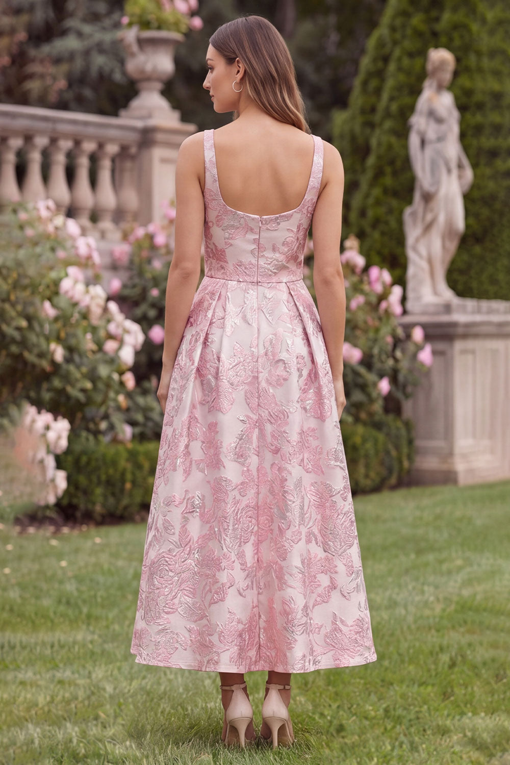 Wedtrend Women Pink Floral Wedding Guest Dress A Line Jacquard Bow Midi Party Dress WEDTREND Wedtrend Women Pink Floral Wedding Guest Dress A Line Jacquard Bow Midi Party Dress WEDTREND