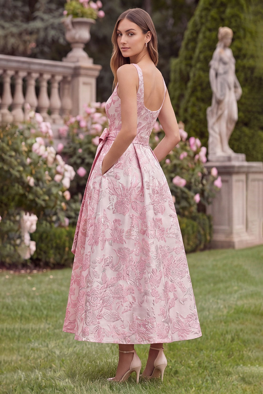 Wedtrend Women Pink Floral Wedding Guest Dress A Line Jacquard Bow Midi Party Dress WEDTREND Wedtrend Women Pink Floral Wedding Guest Dress A Line Jacquard Bow Midi Party Dress WEDTREND