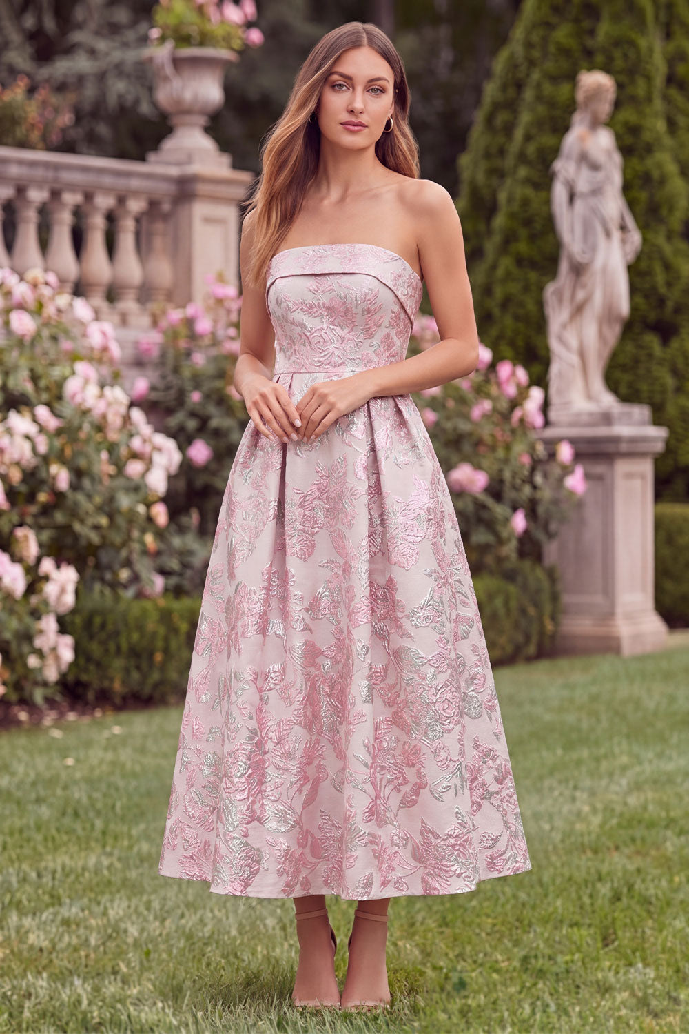 Wedtrend Women Strapless Pink Floral Wedding Guest Dress A Line Jacquard Midi Party Dress WEDTREND Wedtrend Women Strapless Pink Floral Wedding Guest Dress A Line Jacquard Midi Party Dress WEDTREND