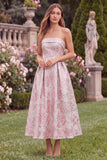 Strapless Pink Floral A Line Jacquard Midi Wedding Guest Dress