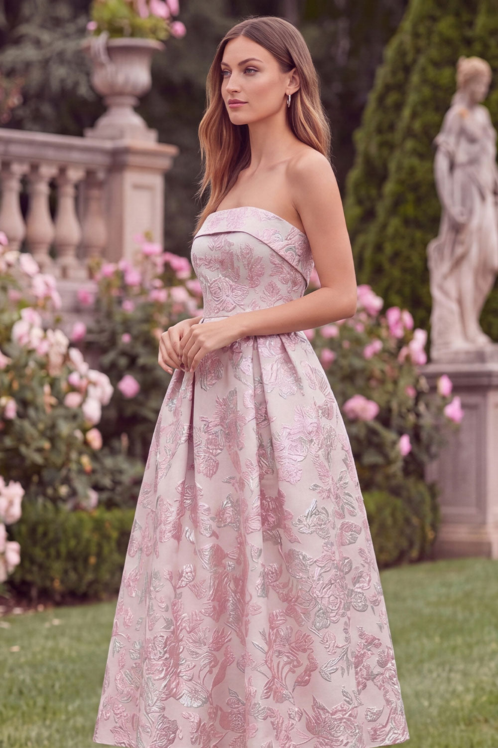 Wedtrend Women Strapless Pink Floral Wedding Guest Dress A Line Jacquard Midi Party Dress WEDTREND Wedtrend Women Strapless Pink Floral Wedding Guest Dress A Line Jacquard Midi Party Dress WEDTREND