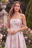 Strapless Pink Floral A Line Jacquard Midi Wedding Guest Dress