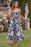 Navy Floral A Line Midi Wedding Guest Dress with Bow